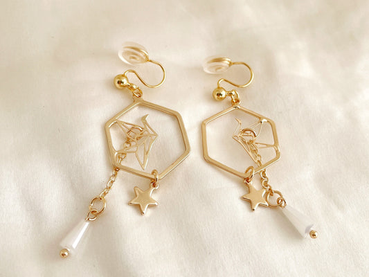 Gold Origami Crane Clip on Earrings