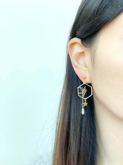 Gold Origami Crane Clip on Earrings