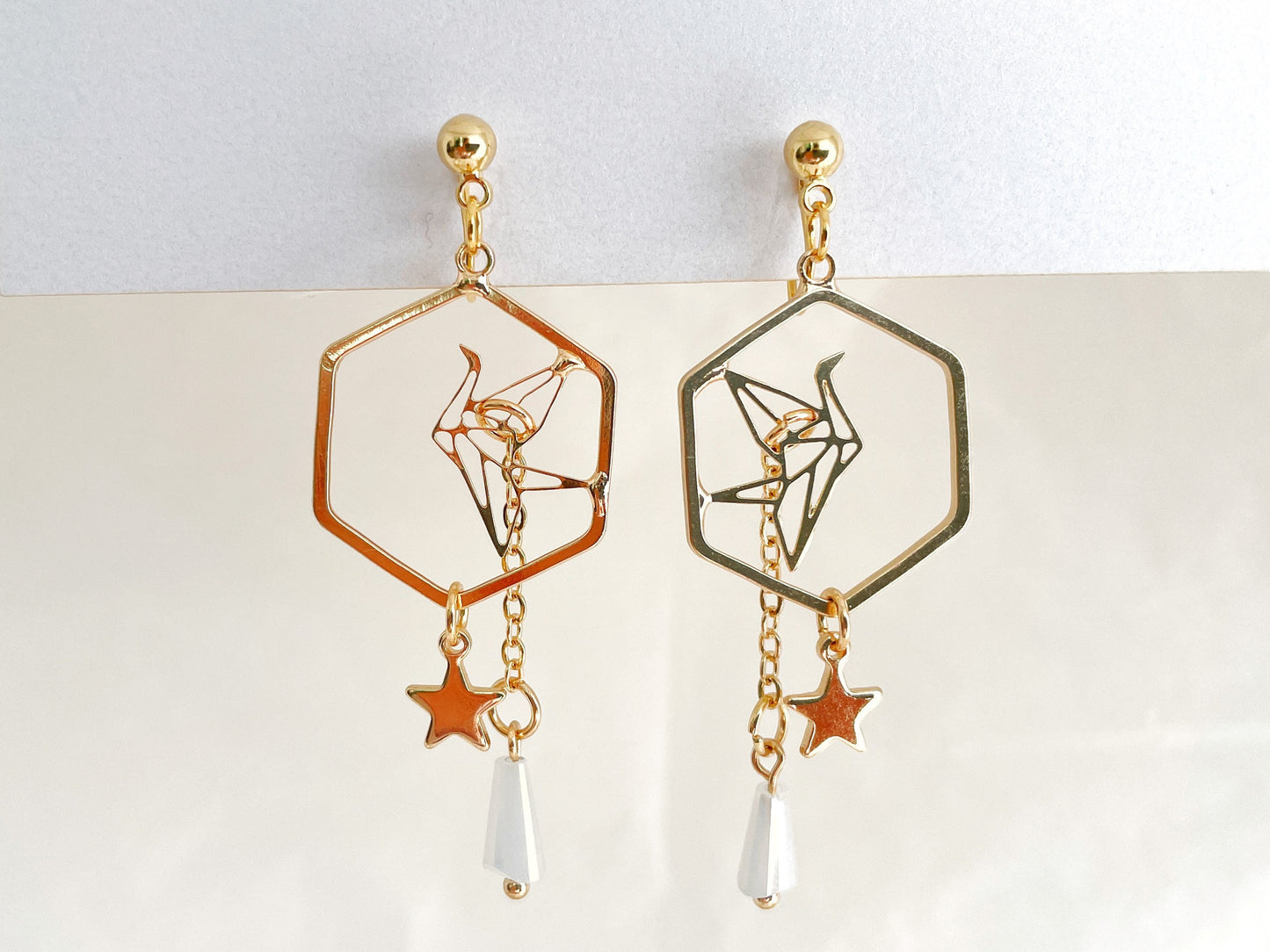 Gold Origami Crane Clip on Earrings