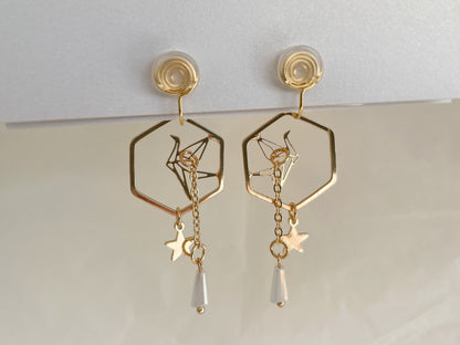 Gold Origami Crane Clip on Earrings