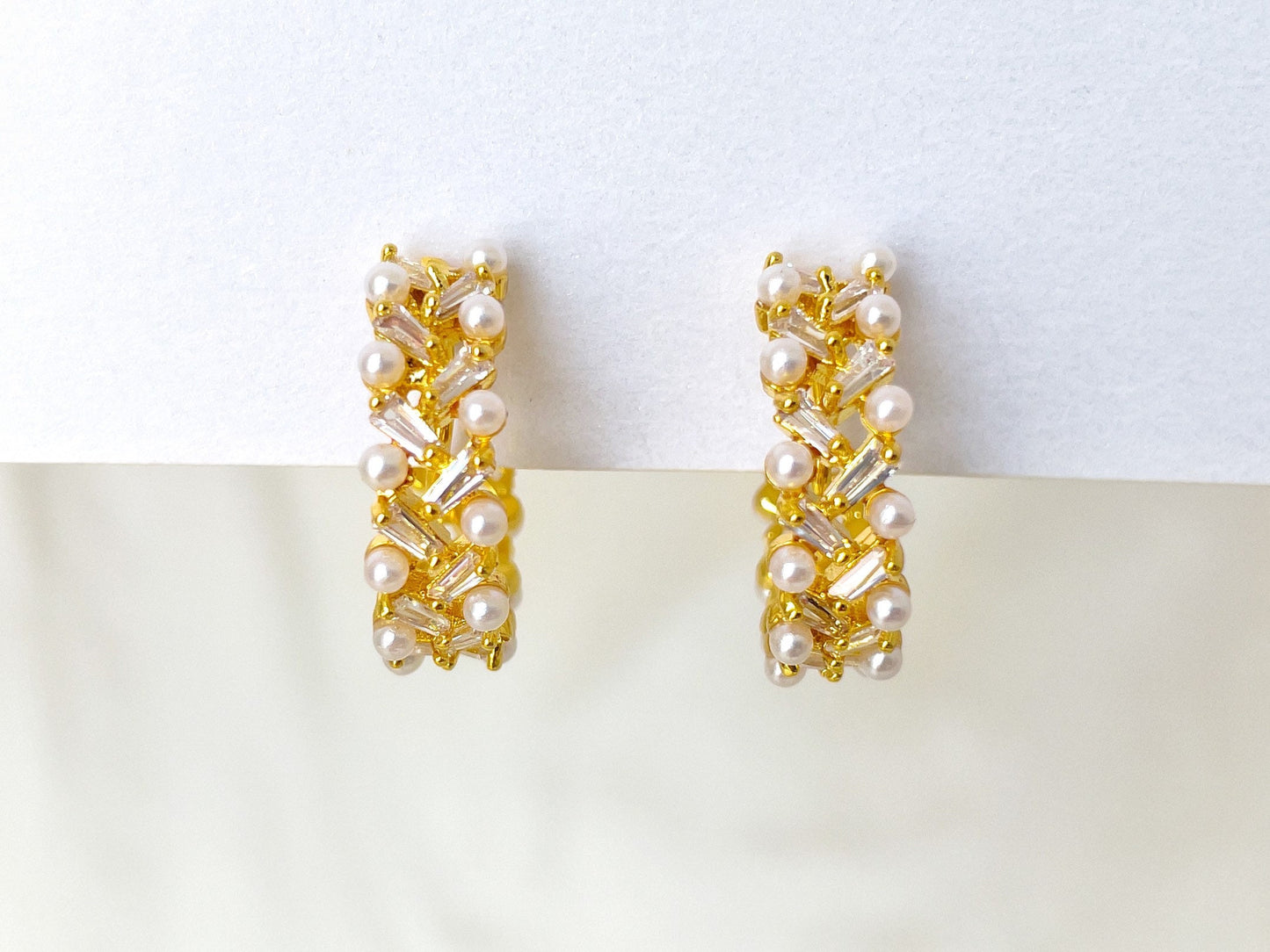 Pearls and Sparkles Gold Huggie Hoop Clip on Earrings