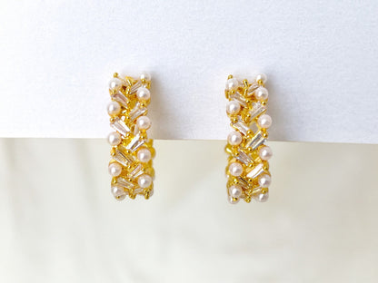 Pearls and Sparkles Gold Huggie Hoop Clip on Earrings