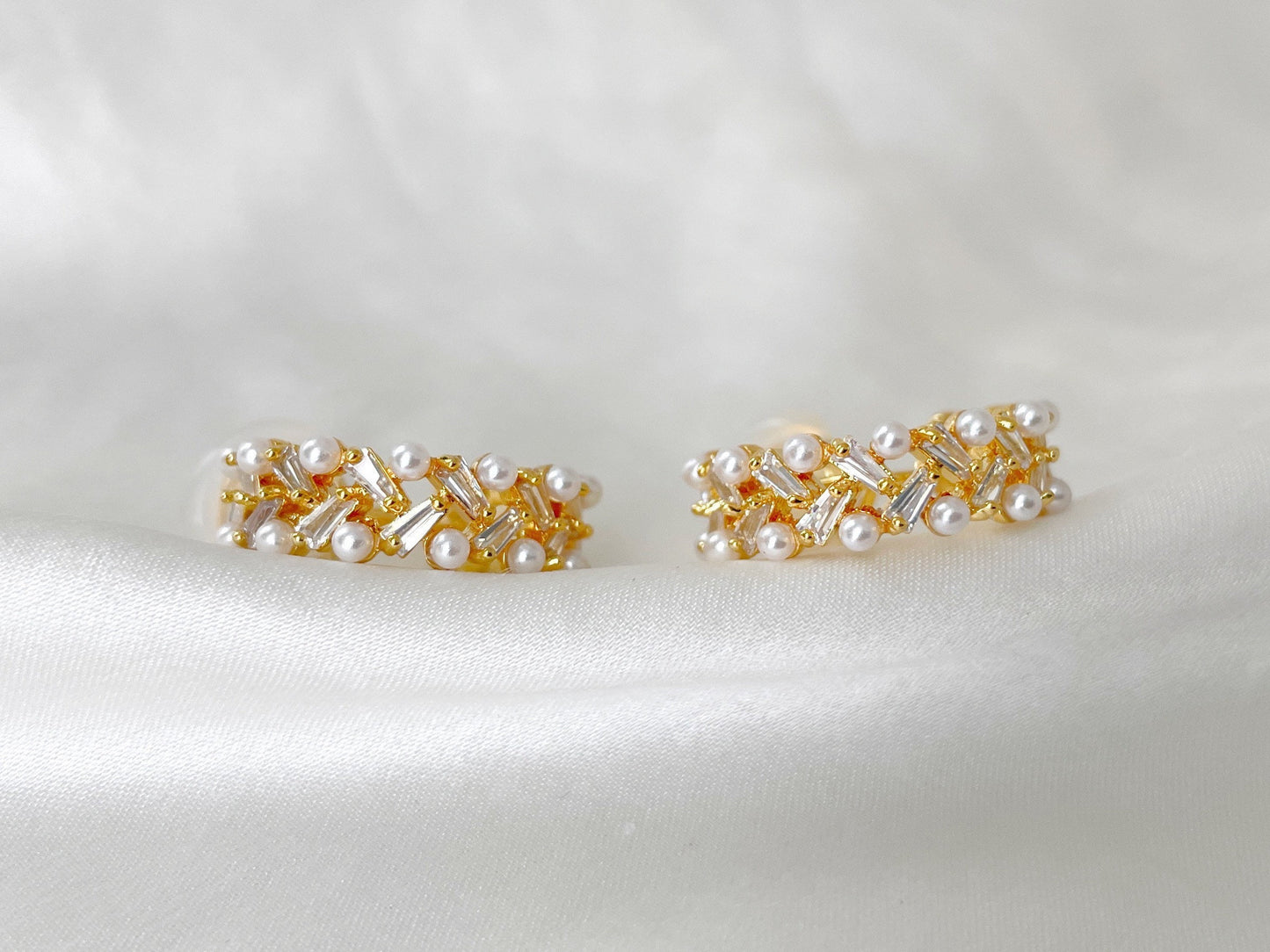 Pearls and Sparkles Gold Huggie Hoop Clip on Earrings