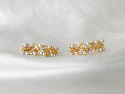 Pearls and Sparkles Gold Huggie Hoop Clip on Earrings