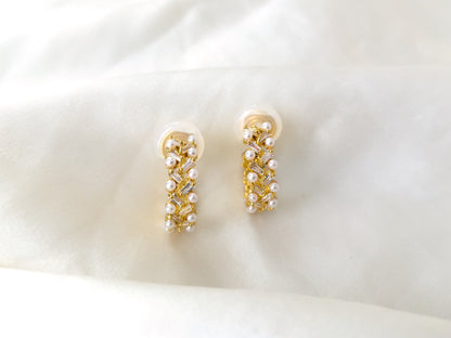 Pearls and Sparkles Gold Huggie Hoop Clip on Earrings