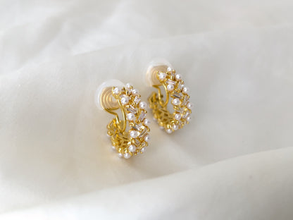 Pearls and Sparkles Gold Huggie Hoop Clip on Earrings
