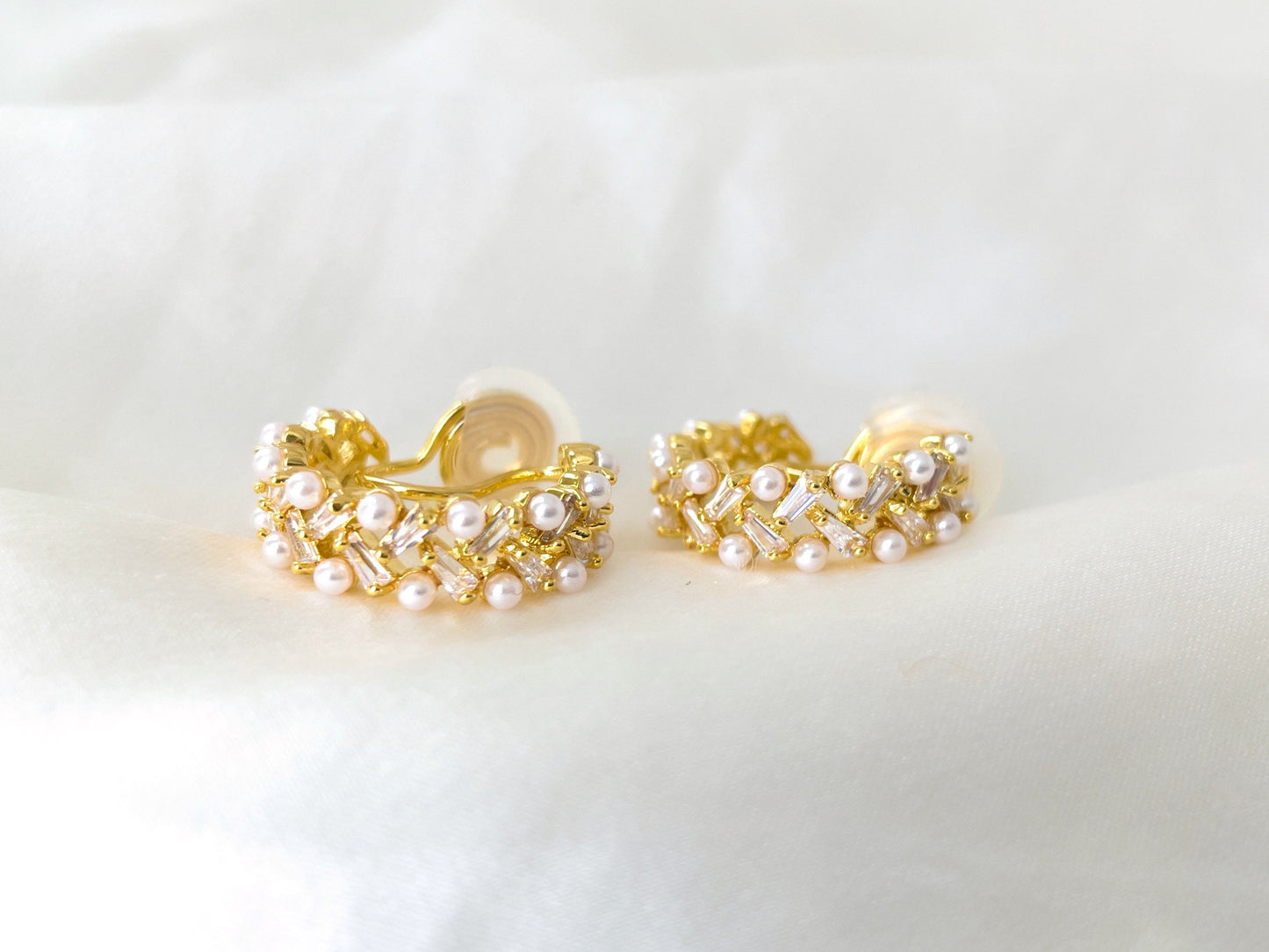 Pearls and Sparkles Gold Huggie Hoop Clip on Earrings