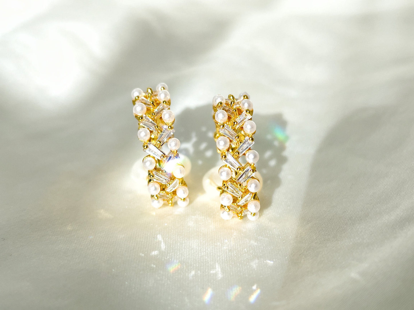 Pearls and Sparkles Gold Huggie Hoop Clip on Earrings