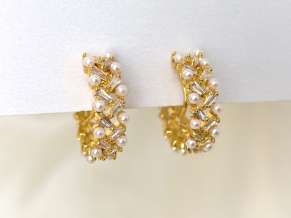 Pearls and Sparkles Gold Huggie Hoop Clip on Earrings