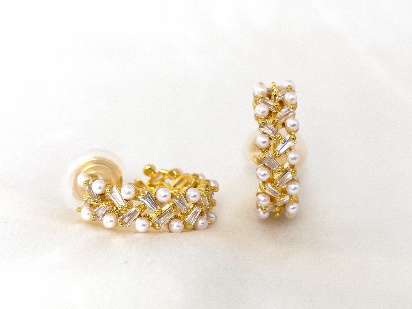Pearls and Sparkles Gold Huggie Hoop Clip on Earrings