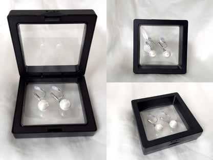 White Pearl CZ Crystal Silver Dangle Clip on Earrings