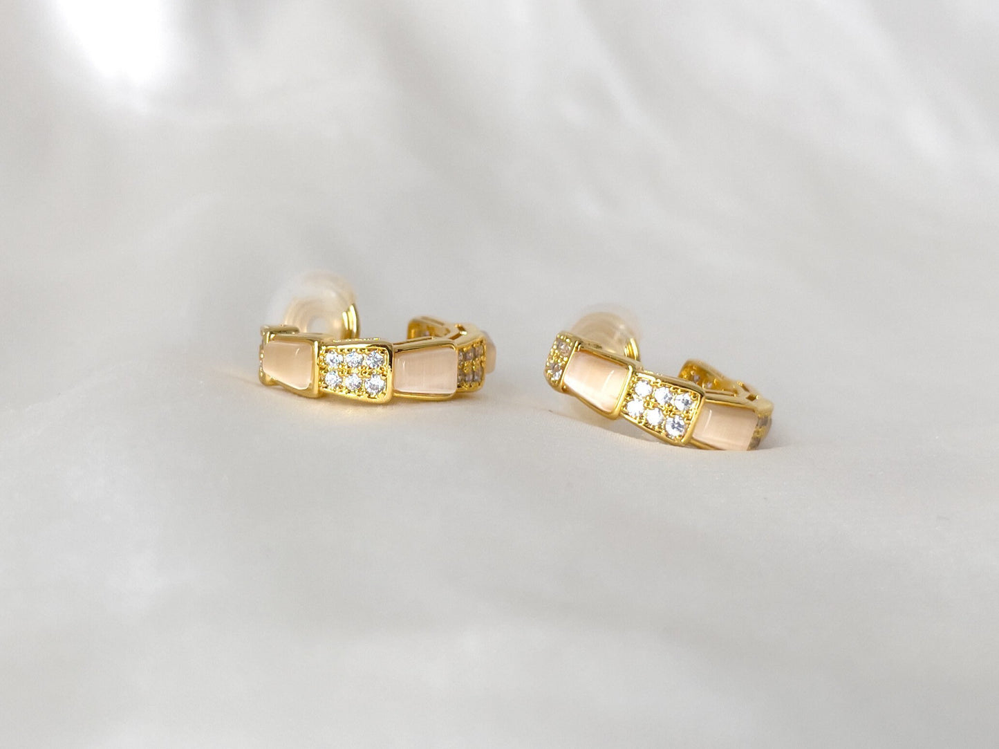 Sparkles and Moonstone Huggie Hoop Clip on Earrings