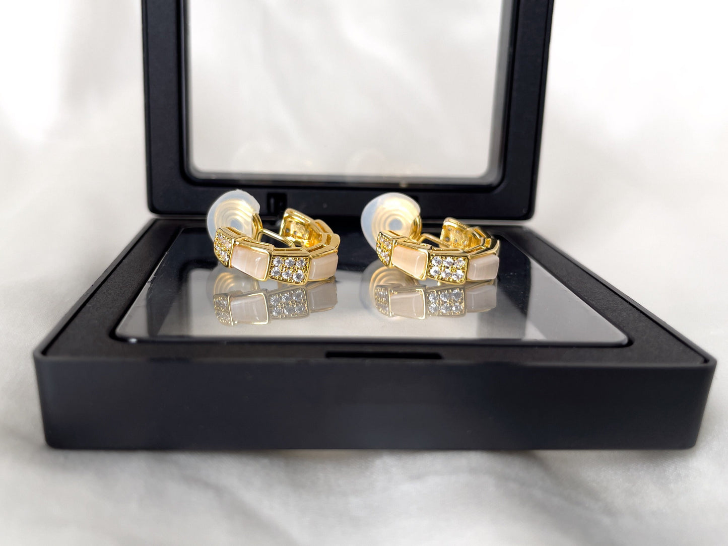 Sparkles and Moonstone Huggie Hoop Clip on Earrings