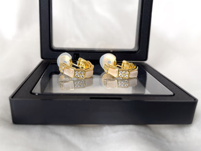 Sparkles and Moonstone Huggie Hoop Clip on Earrings