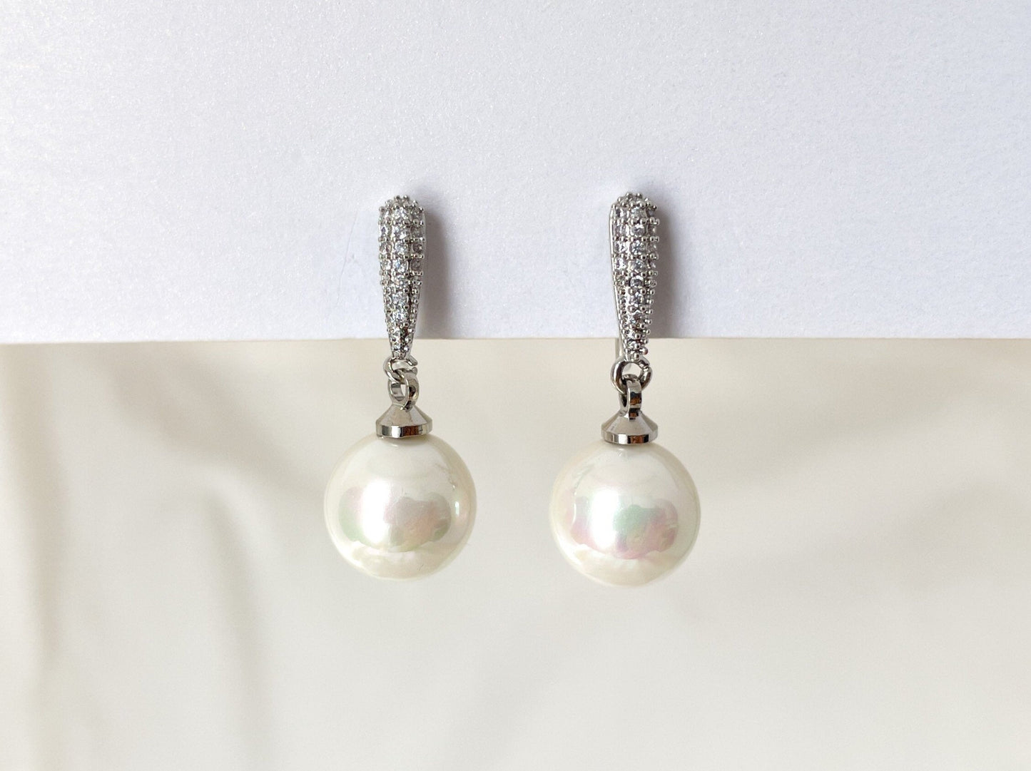 White Pearl CZ Crystal Silver Dangle Clip on Earrings