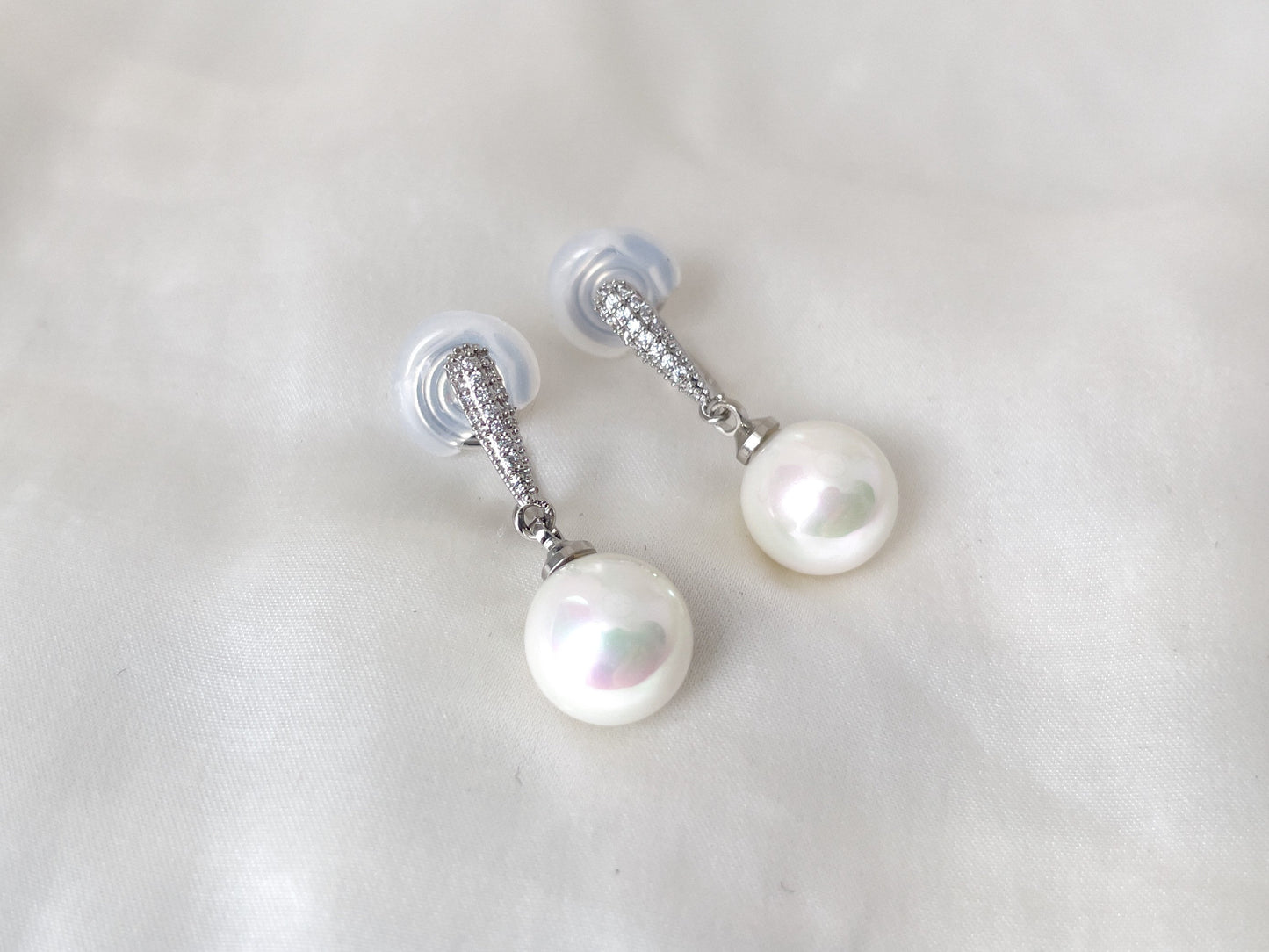 White Pearl CZ Crystal Silver Dangle Clip on Earrings