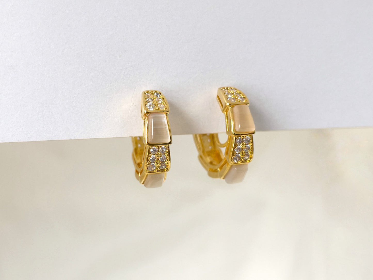 Sparkles and Moonstone Huggie Hoop Clip on Earrings