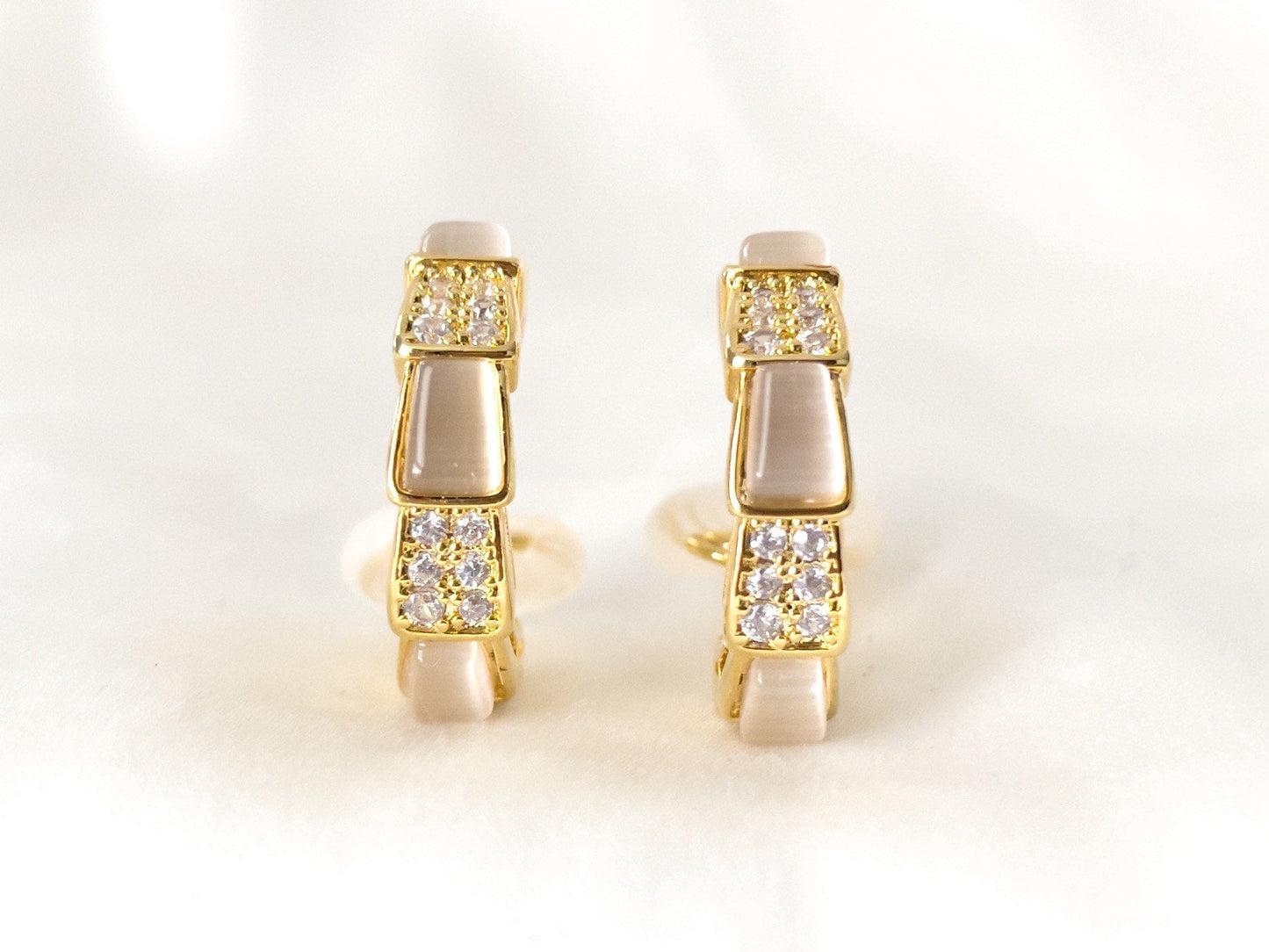 Sparkles and Moonstone Huggie Hoop Clip on Earrings