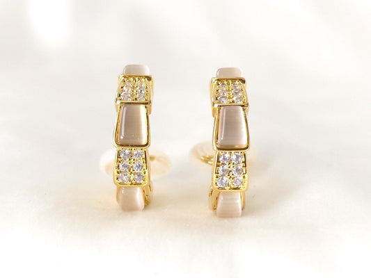 Sparkles and Moonstone Huggie Hoop Clip on Earrings