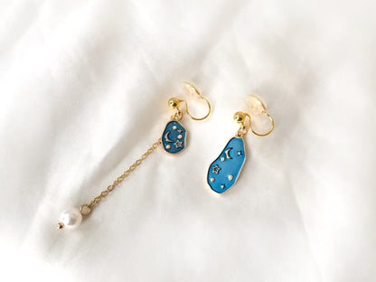 Mismatched Moon and Star Galaxy Clip on Earrings