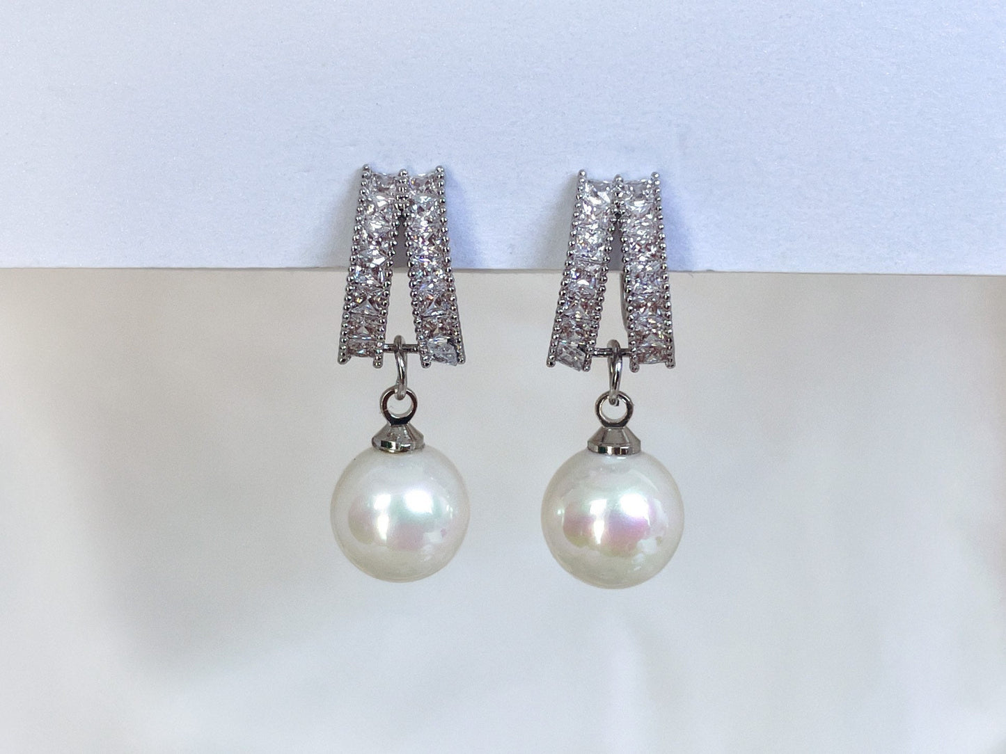 CZ Crystal 10mm Pearl Dangle Clip on Earrings