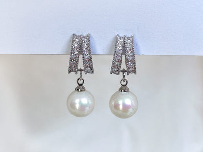 CZ Crystal 10mm Pearl Dangle Clip on Earrings