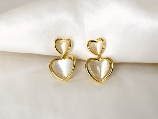 Love heart dangle clip on earrings, Dainty Cats Eye heart clip on earrings, Gold heart shaped drop clip on earrings, Invisible clip ons