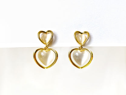 Dainty Cats Eye Heart Dangle Clip on Earrings