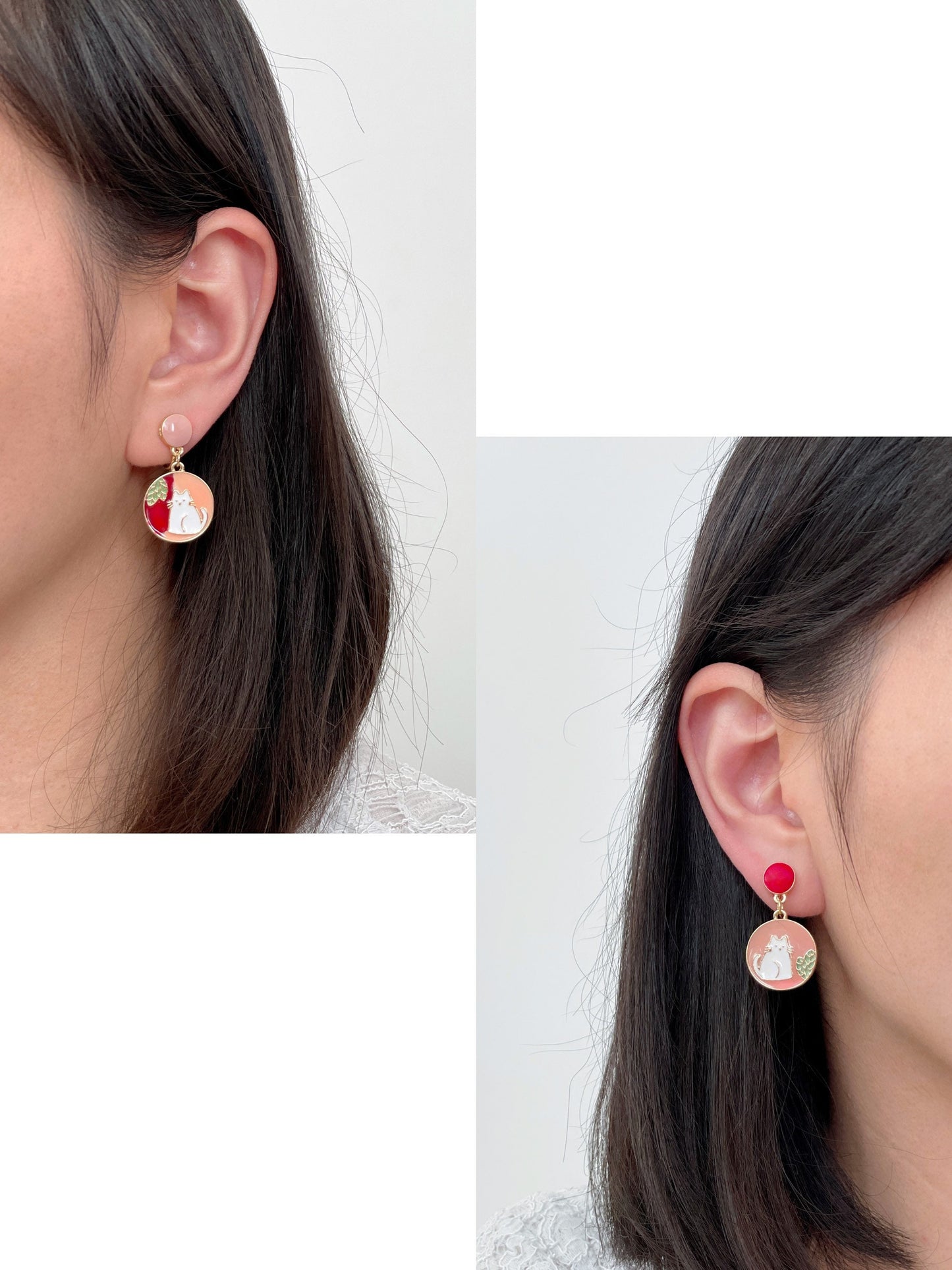 Mismatched Hand Painted Cat Clip on Earrings