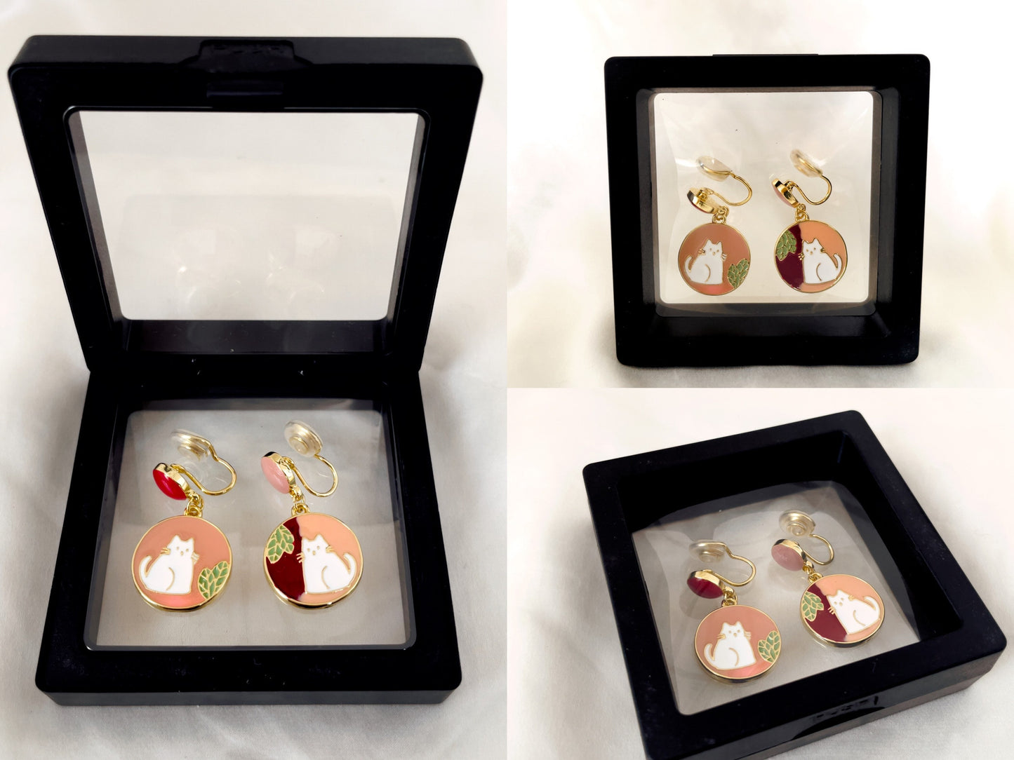 Mismatched Hand Painted Cat Clip on Earrings