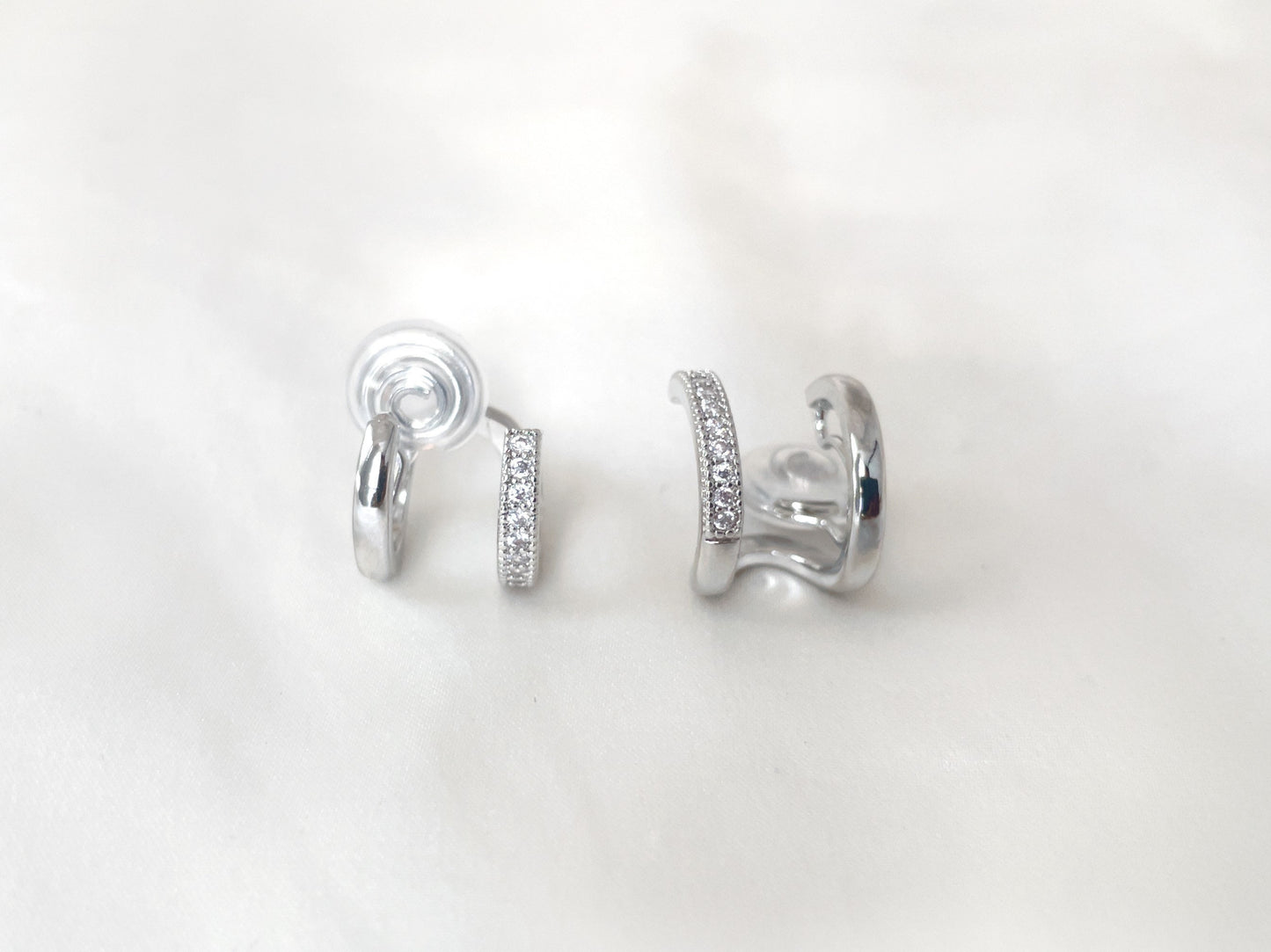 Double Huggie Hoop CZ Gold/Silver Clip on Earrings