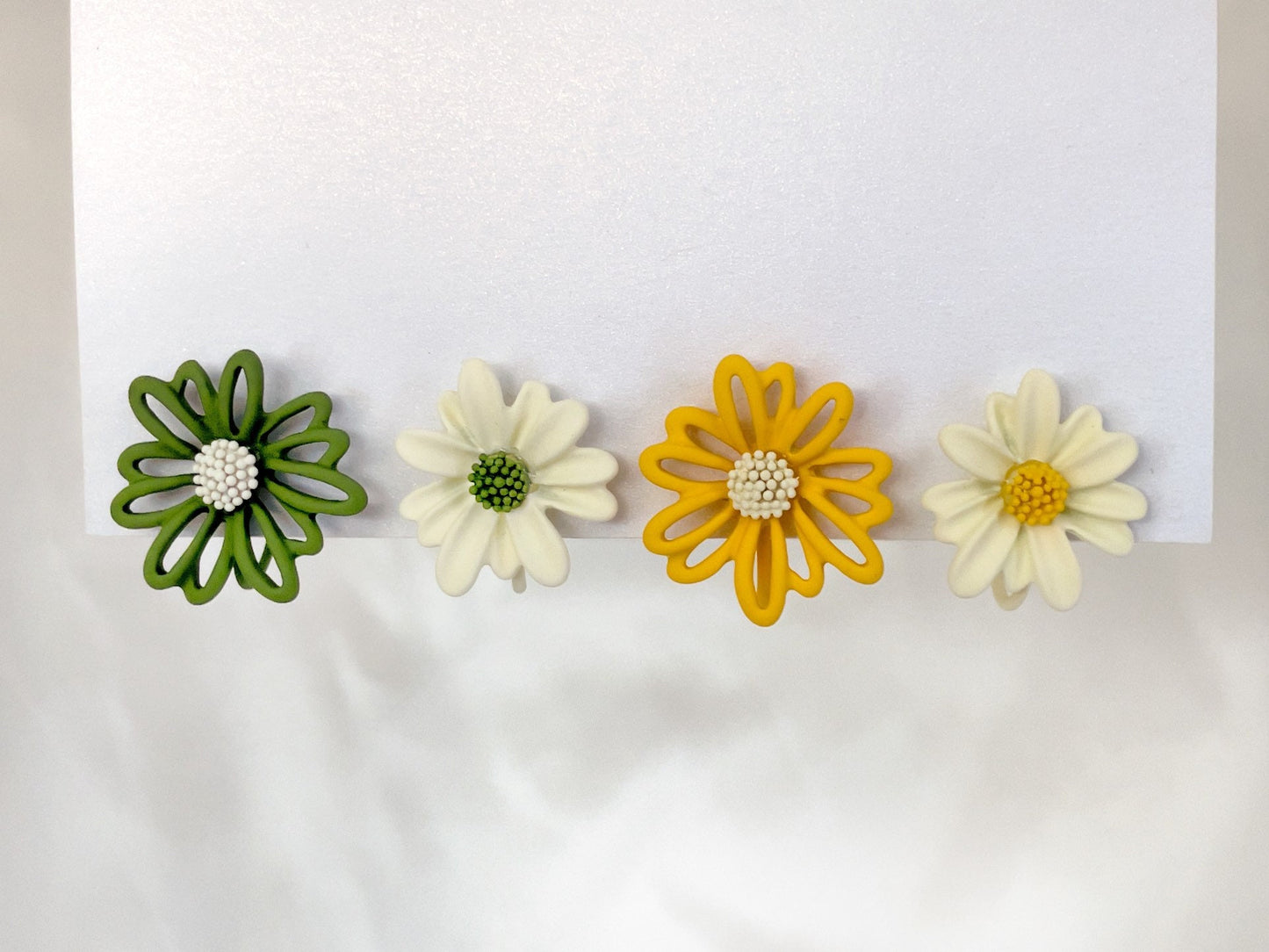 Mismatched Daisy Yellow/Green Flower Clip on Earrings