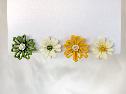 Mismatched Daisy Yellow/Green Flower Clip on Earrings