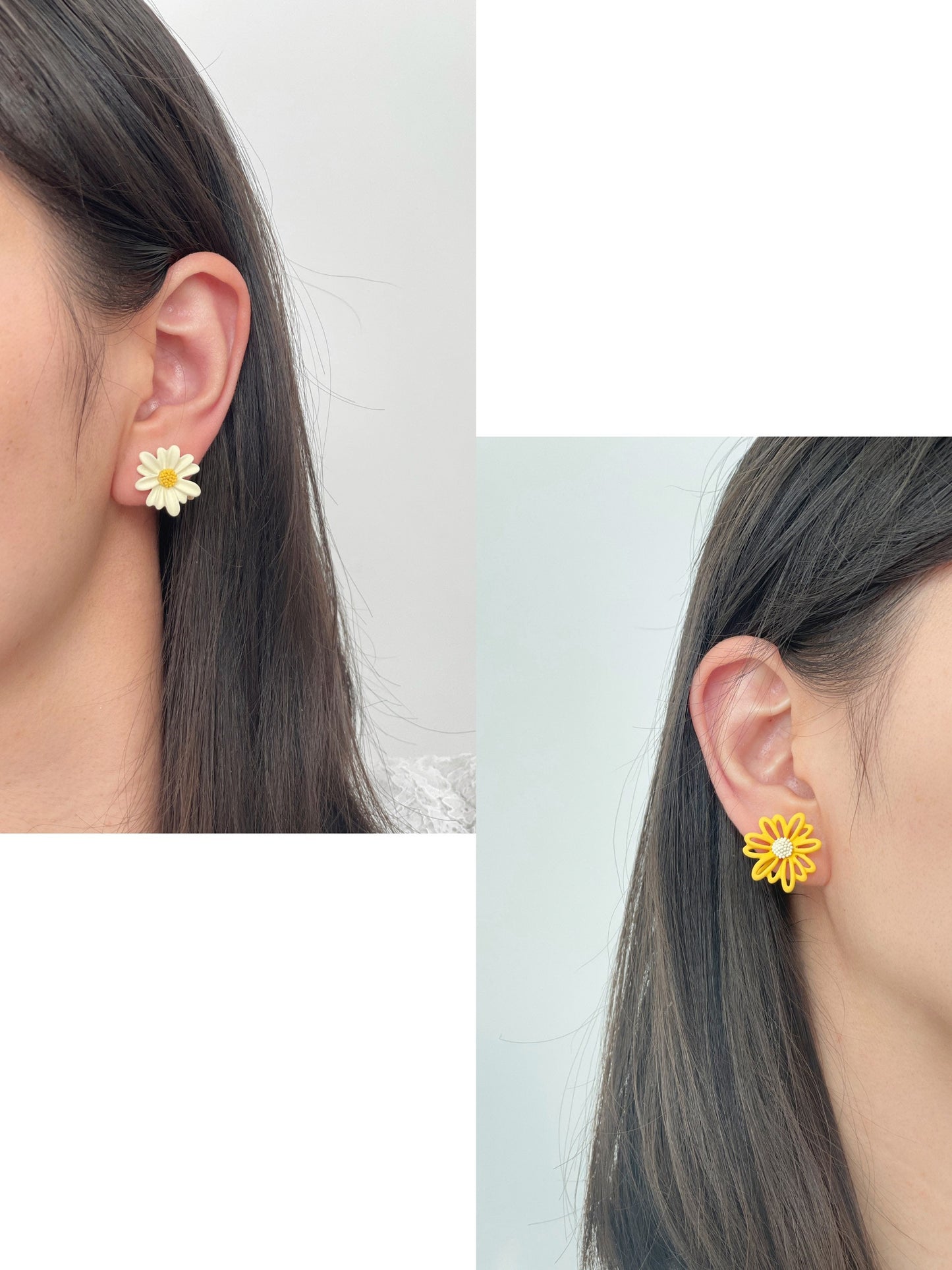 Mismatched Daisy Yellow/Green Flower Clip on Earrings