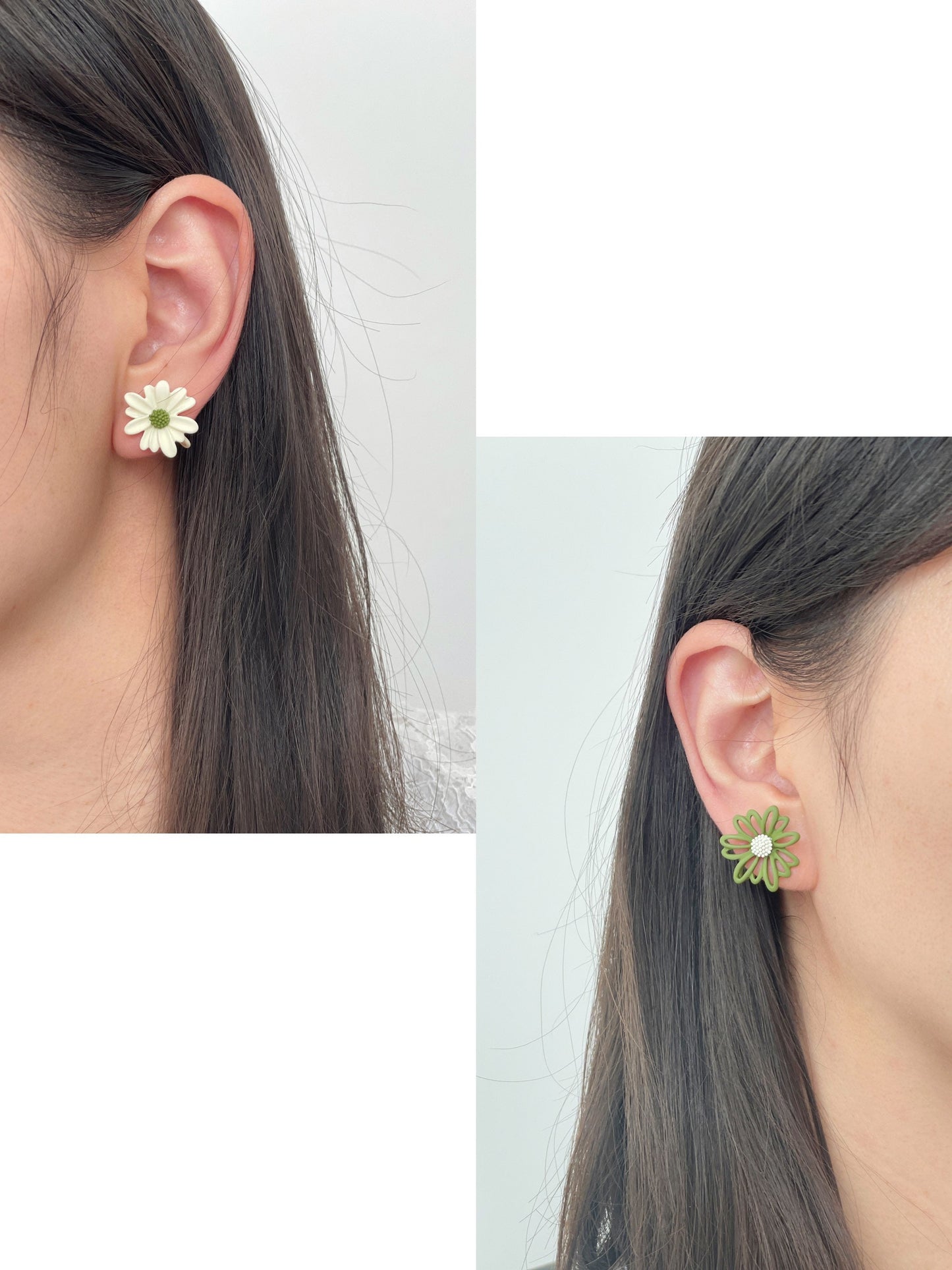 Mismatched Daisy Yellow/Green Flower Clip on Earrings