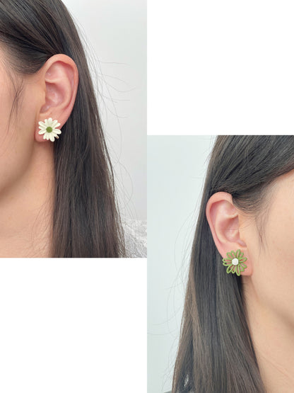 Mismatched Daisy Yellow/Green Flower Clip on Earrings