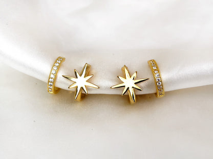 Gold/Silver Star Double Huggie Hoop Clip on Earrings