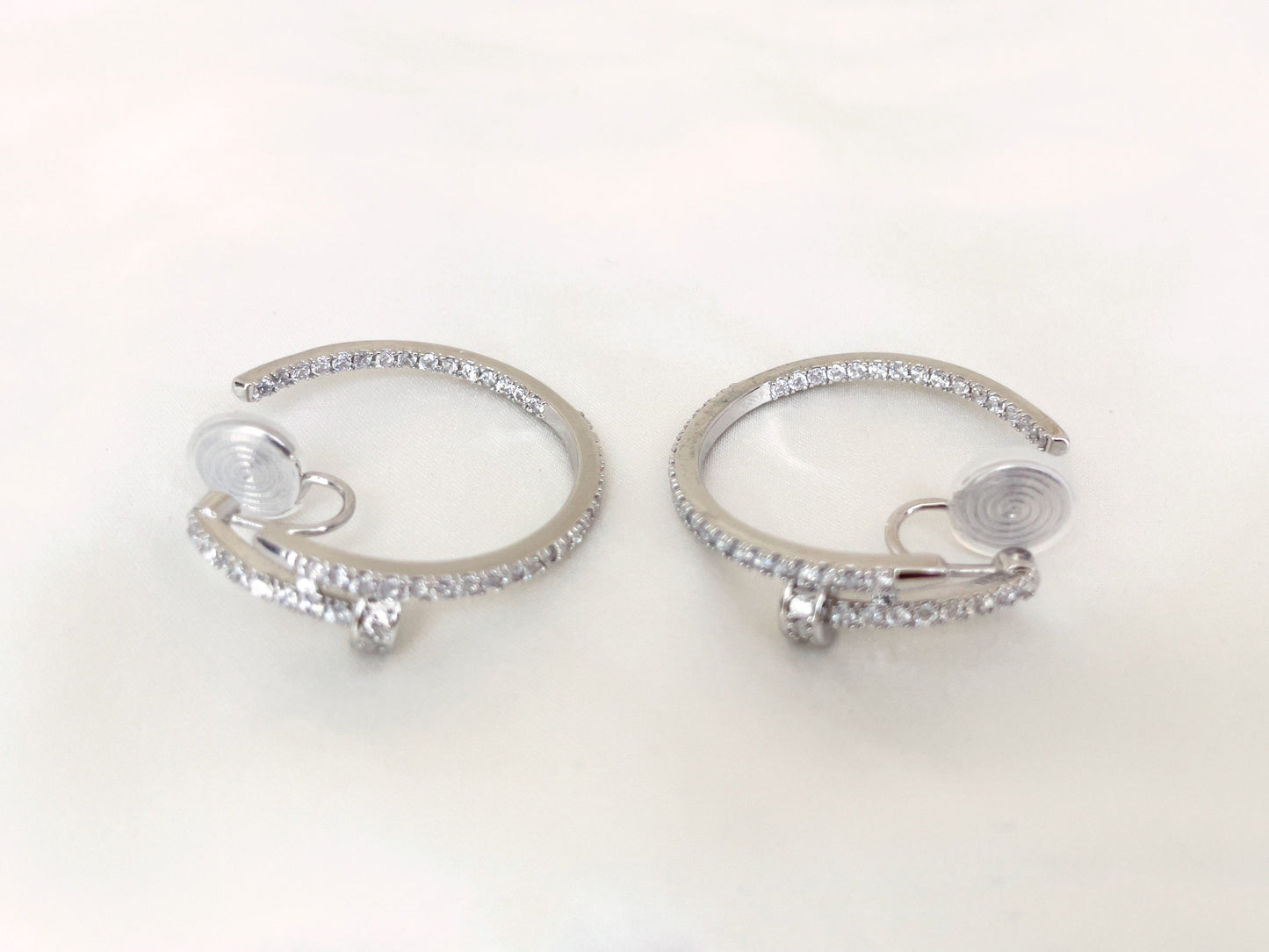 Large Silver CZ Pave hoop Clip on Earrings
