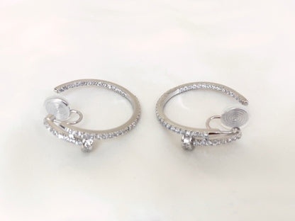 Large Silver CZ Pave hoop Clip on Earrings