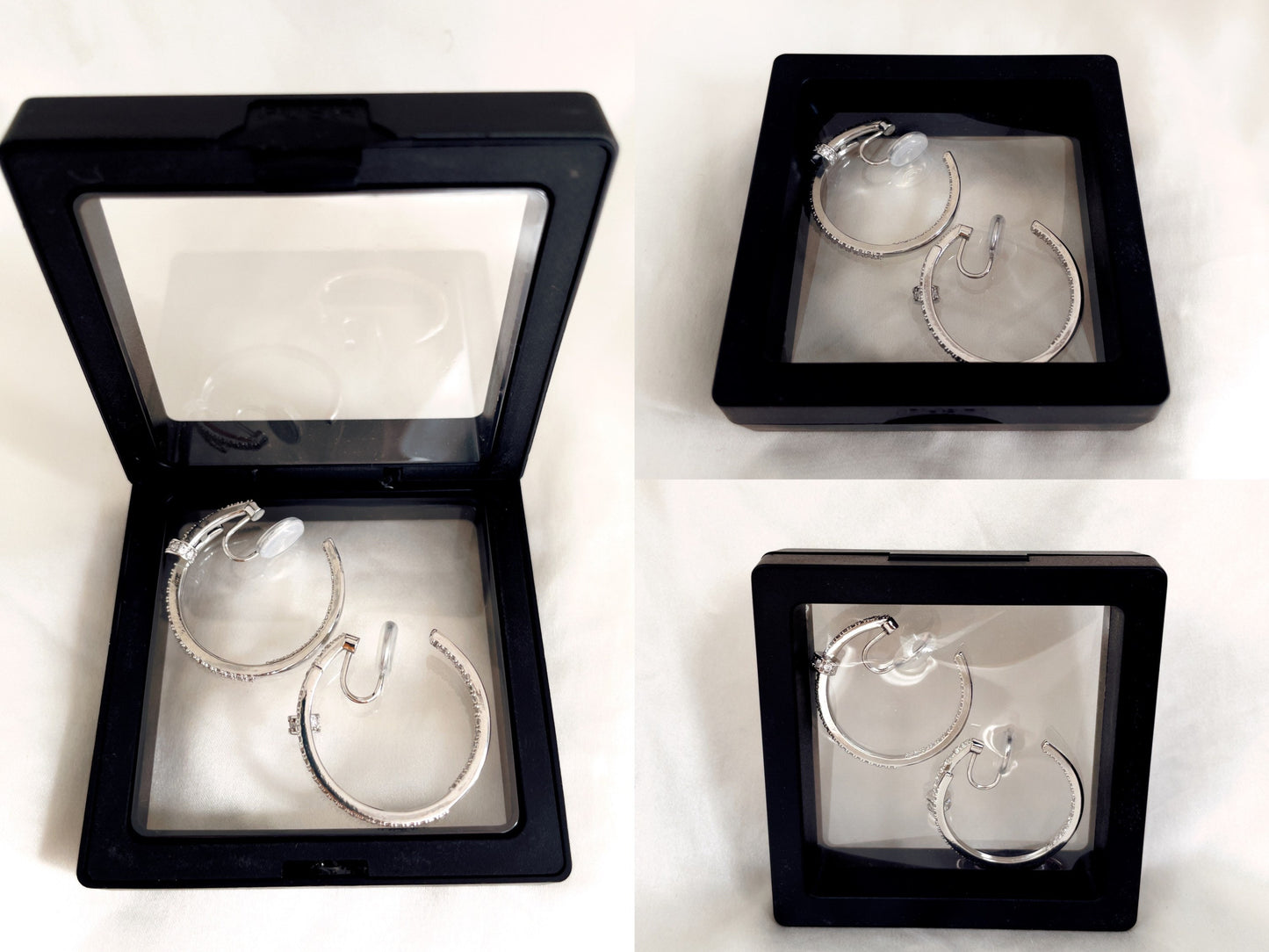 Large Silver CZ Pave hoop Clip on Earrings