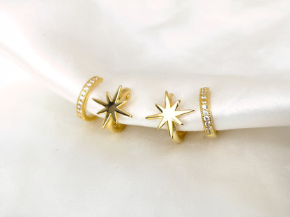 Gold/Silver Star Double Huggie Hoop Clip on Earrings
