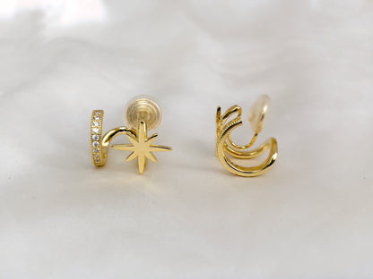 Gold/Silver Star Double Huggie Hoop Clip on Earrings