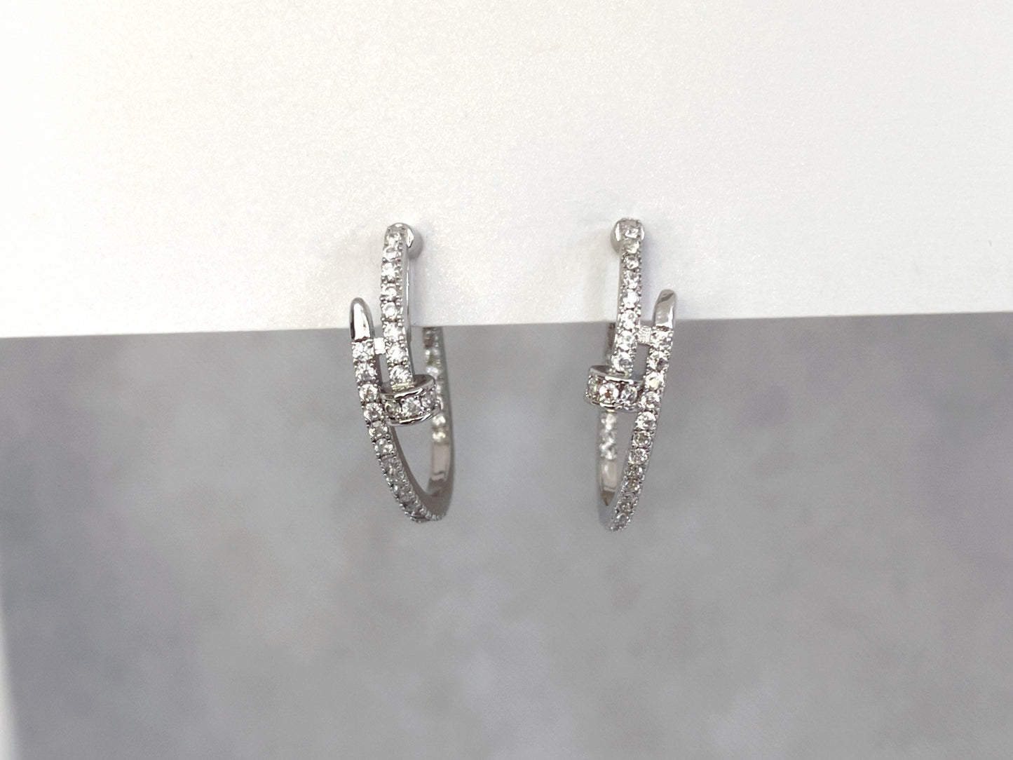 Large Silver CZ Pave hoop Clip on Earrings