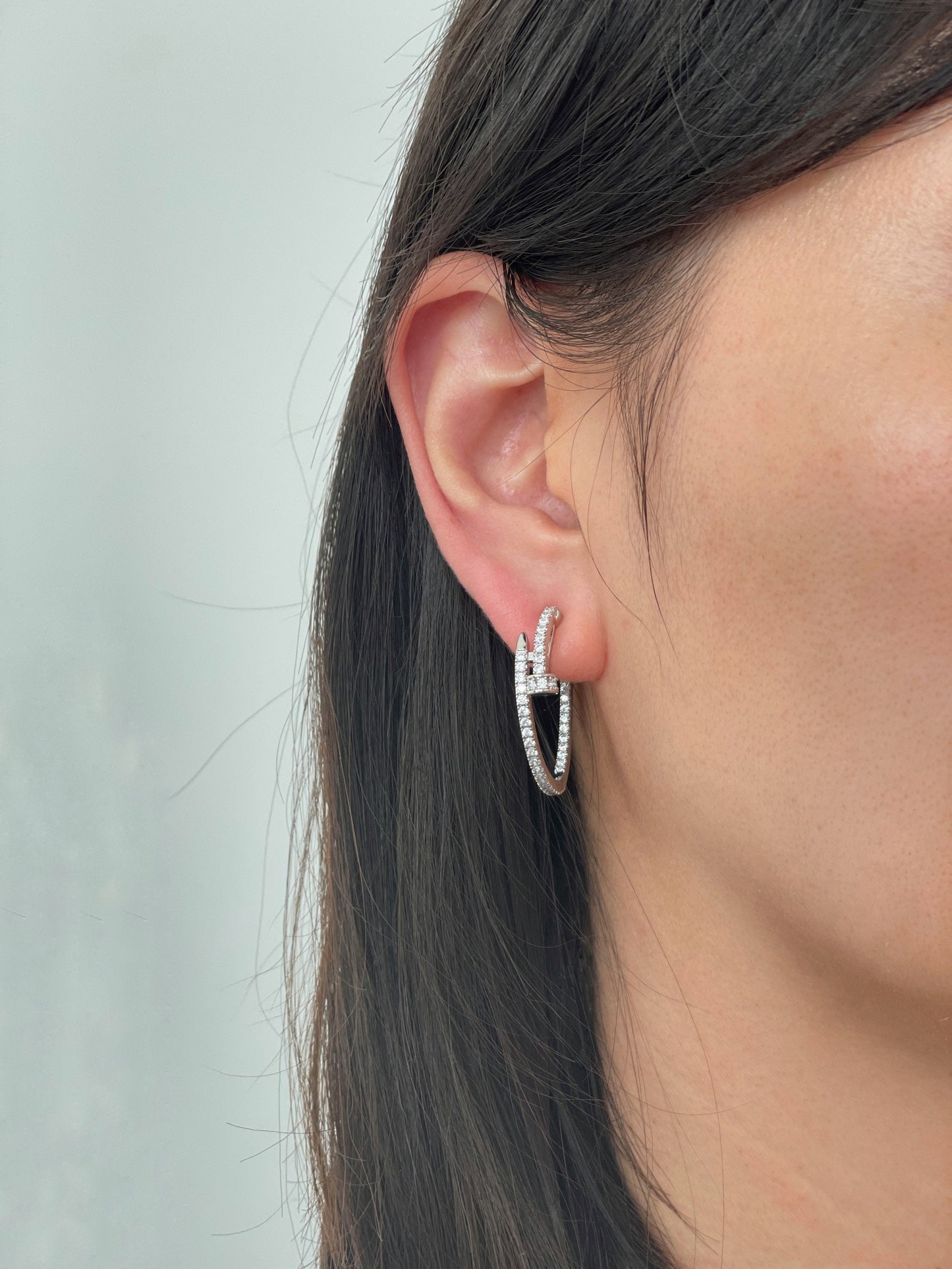 Large Silver CZ Pave hoop Clip on Earrings