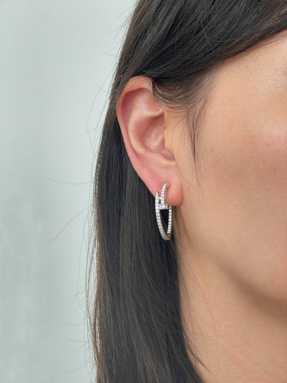 Large Silver CZ Pave hoop Clip on Earrings