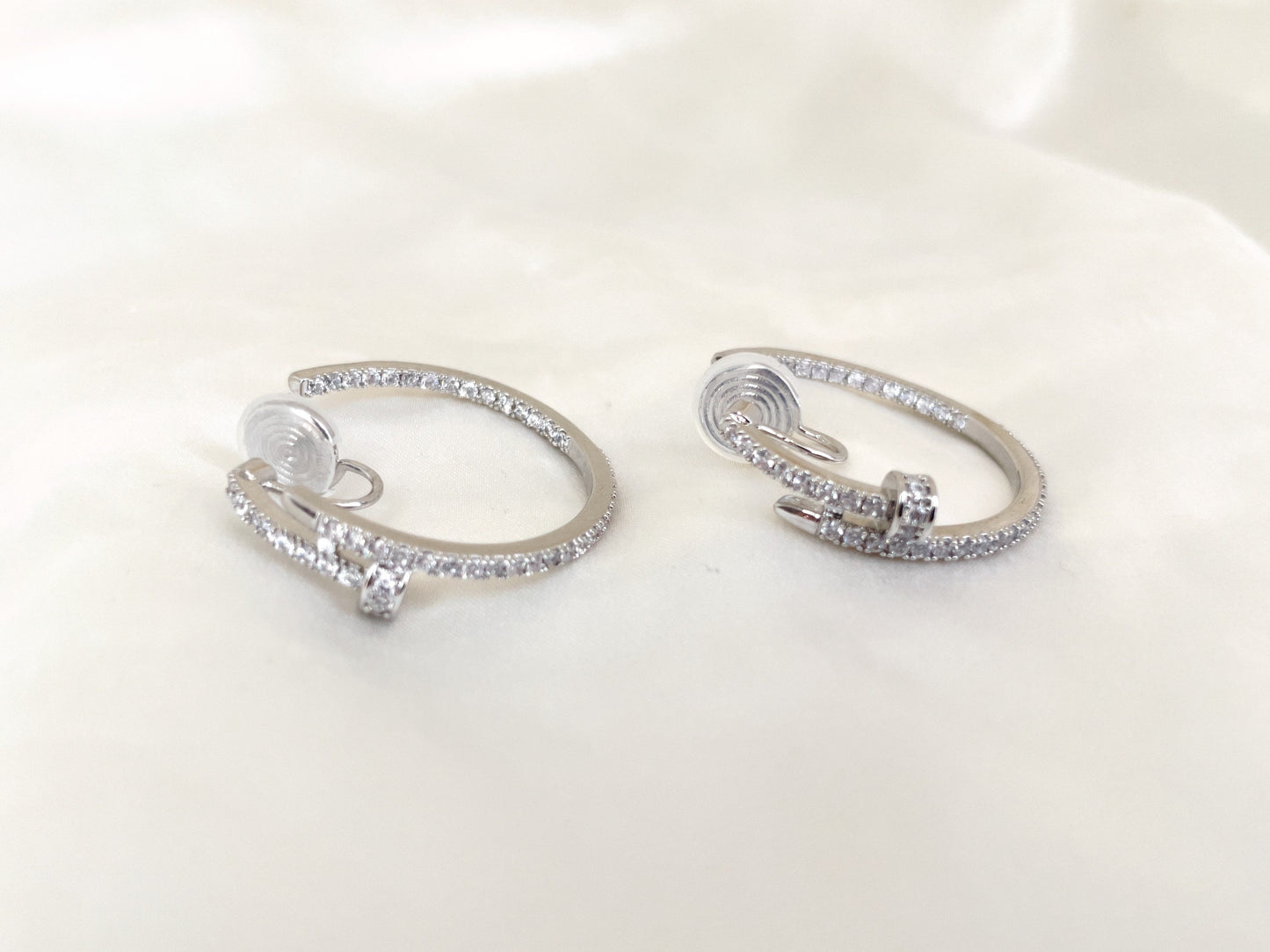 Large Silver CZ Pave hoop Clip on Earrings