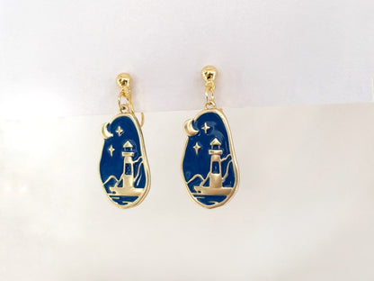 Lighthouse Night Sky Dangle Clip on Earrings