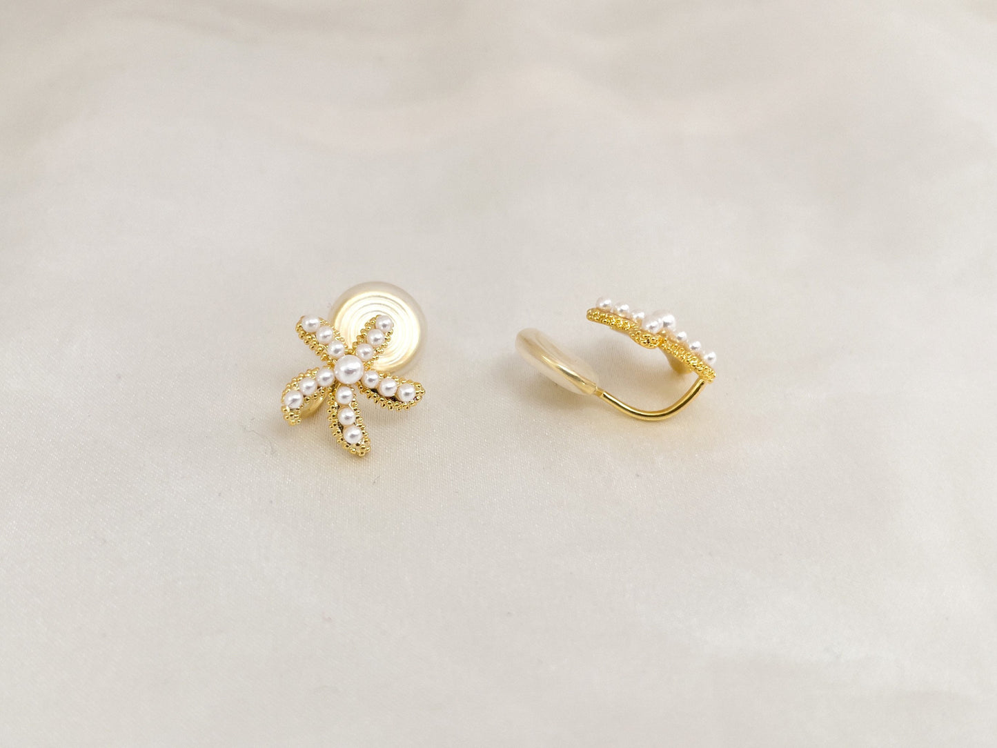 Pearl Starfish Gold Clip on Earrings