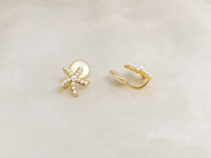 Pearl Starfish Gold Clip on Earrings