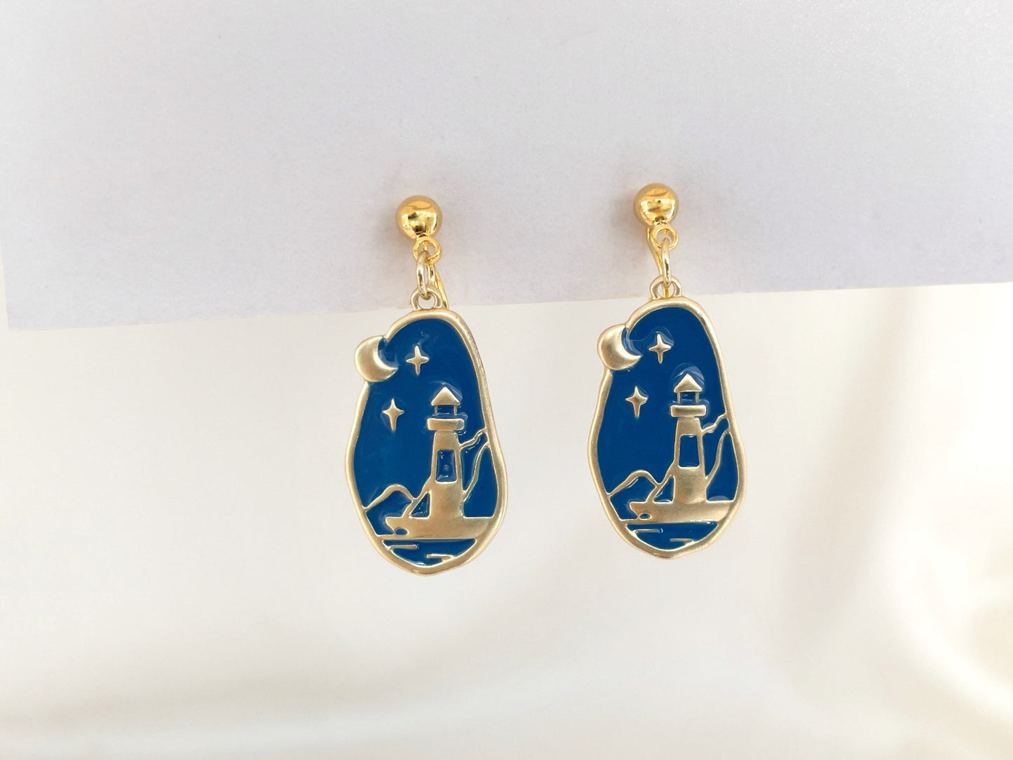 Lighthouse Night Sky Dangle Clip on Earrings